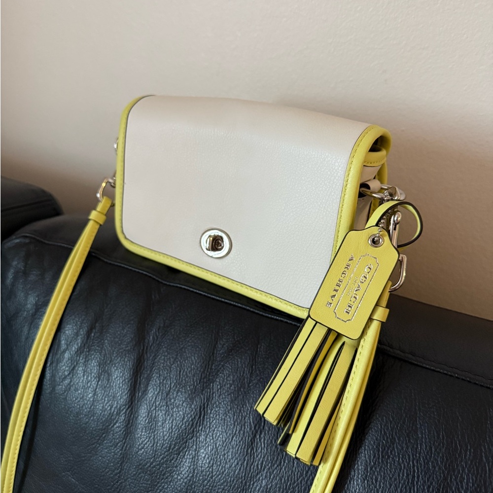 Coach Cream Crossbody with Yellow Trim and Tassel